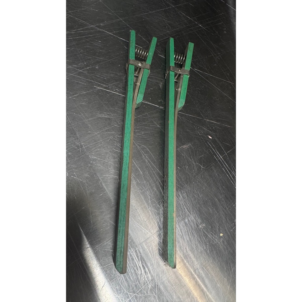 Vintage Green Wood Trouser Skirt Hanger Clips Set of 2 Metal Spring Clamps 9.75"